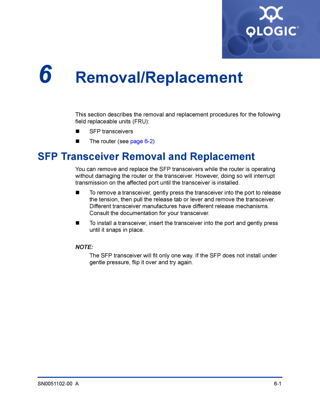 Q-Logic ISR6142 manual Removal/Replacement, SFP Transceiver Removal and Replacement 