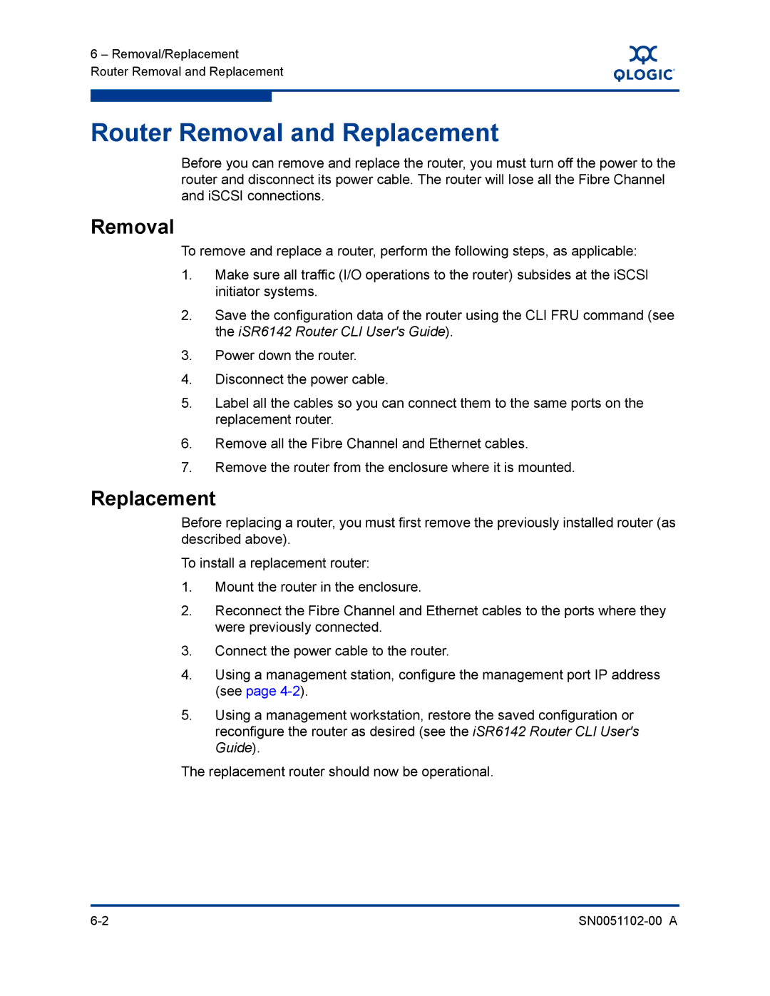 Q-Logic ISR6142 manual Router Removal and Replacement 