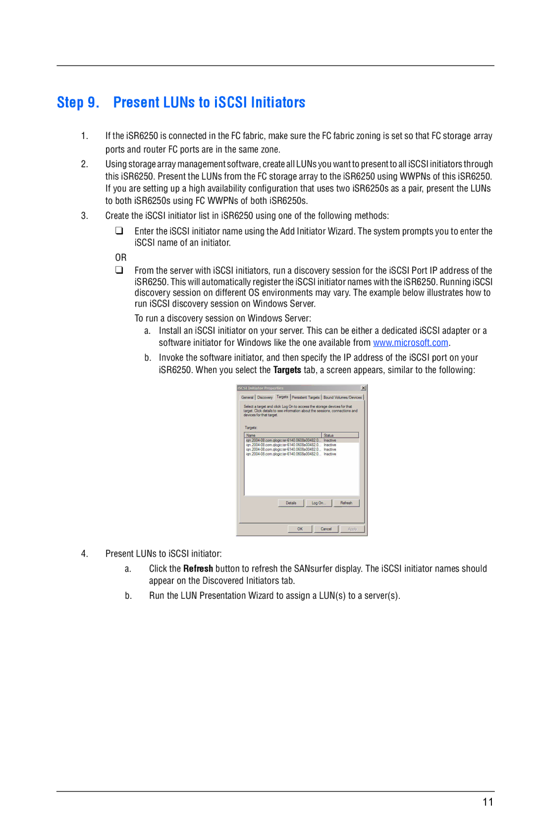 Q-Logic ISR6250 quick start Present LUNs to iSCSI Initiators, To run a discovery session on Windows Server 