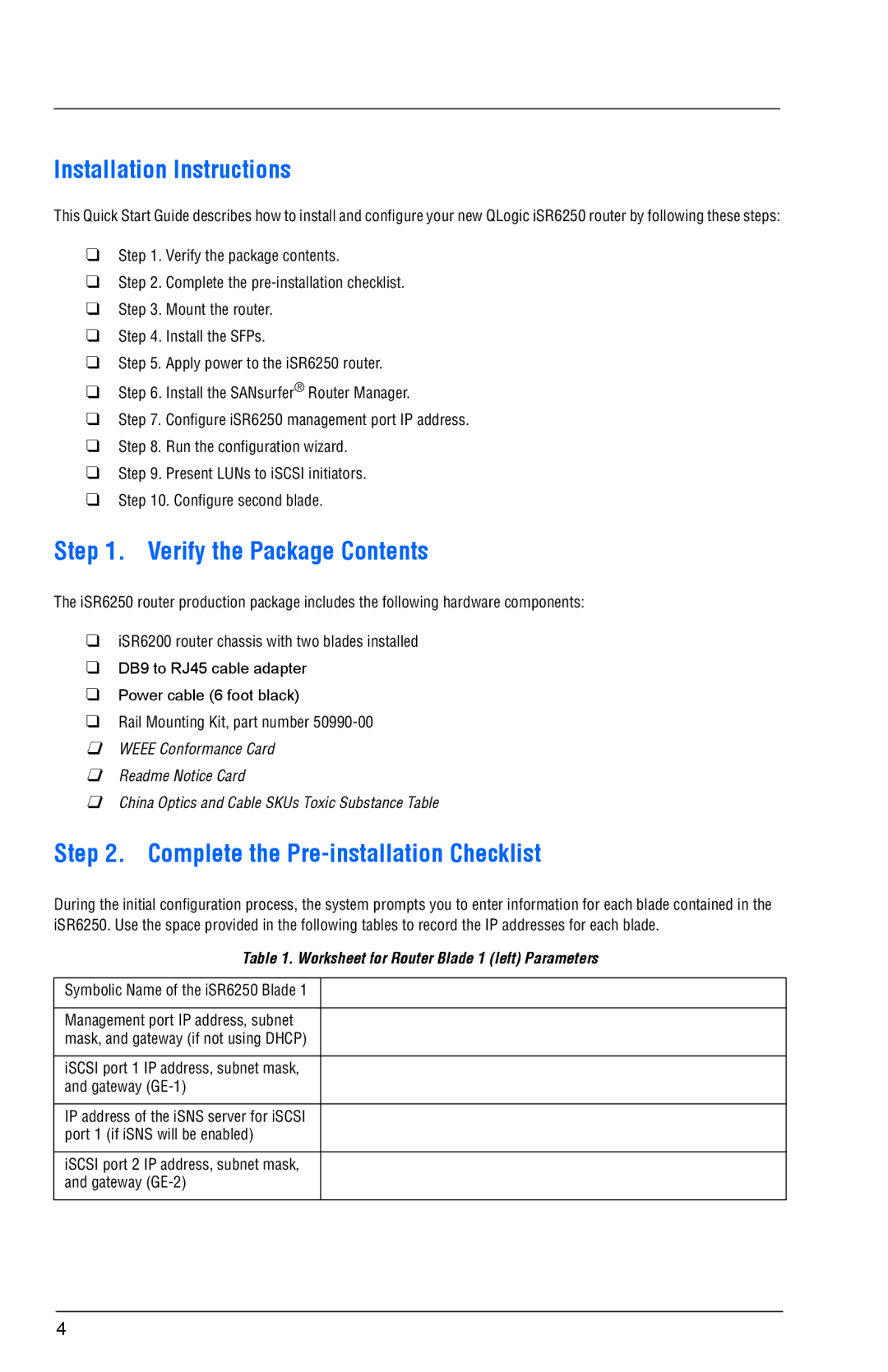 Q-Logic ISR6250 quick start Installation Instructions, Verify the Package Contents, Complete the Pre-installation Checklist 