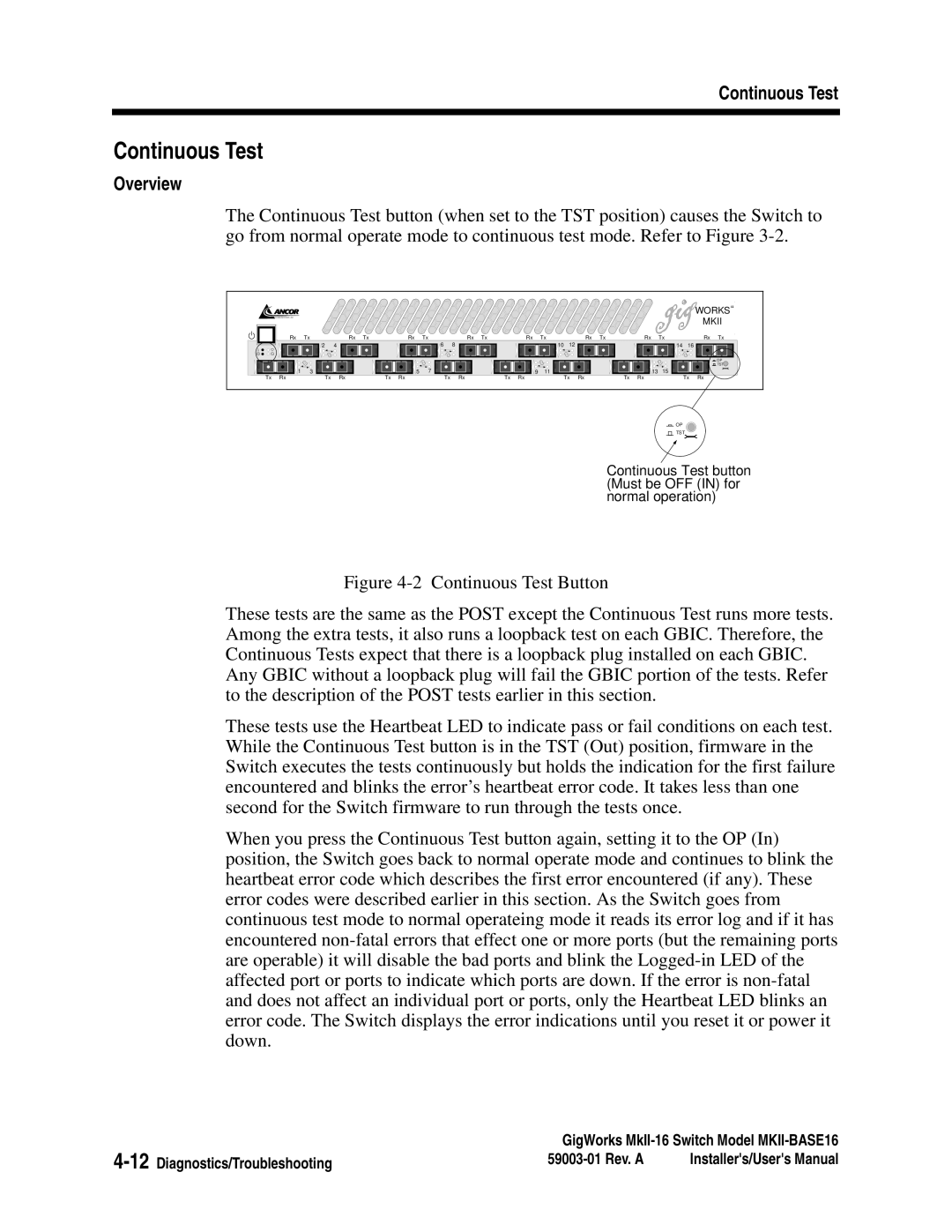 Q-Logic MKII-BASE16 user manual Continuous Test 