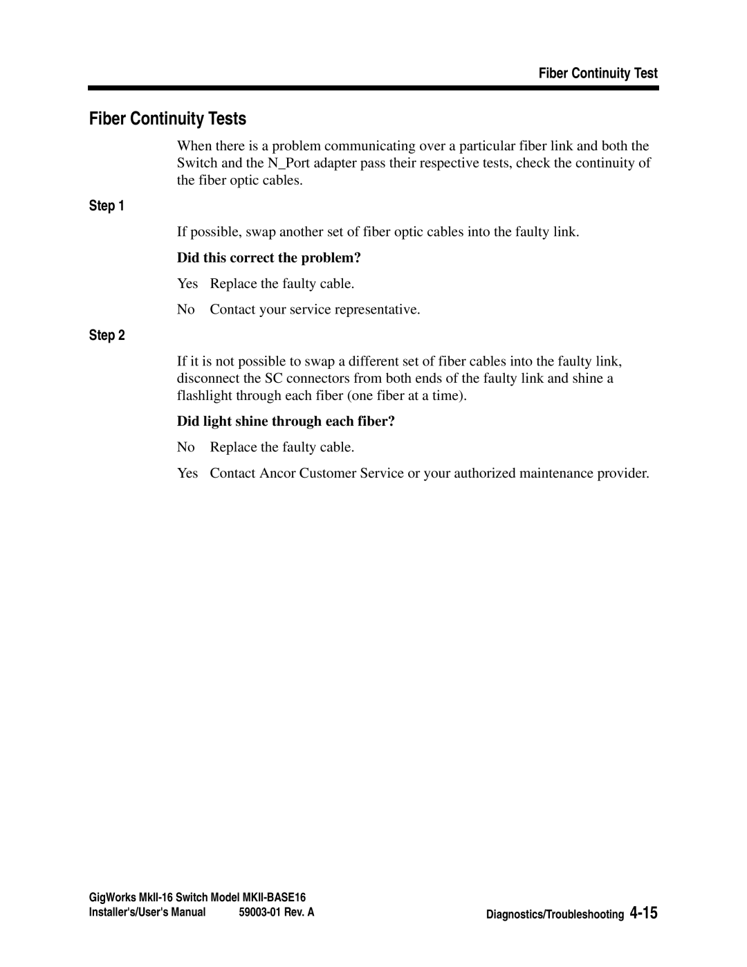 Q-Logic MKII-BASE16 user manual Fiber Continuity Tests, Did this correct the problem?, Did light shine through each fiber? 