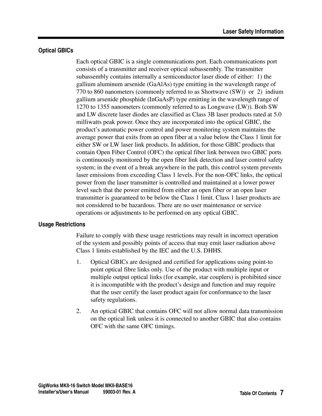 Q-Logic MKII-BASE16 user manual Laser Safety Information Optical GBICs, Usage Restrictions 