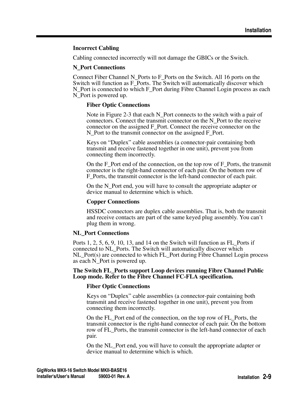 Q-Logic MKII-BASE16 Incorrect Cabling, NPort Connections, Fiber Optic Connections, Copper Connections, NLPort Connections 