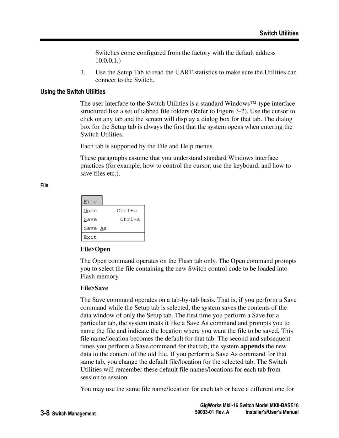 Q-Logic MKII-BASE16 user manual Using the Switch Utilities, FileOpen, FileSave 