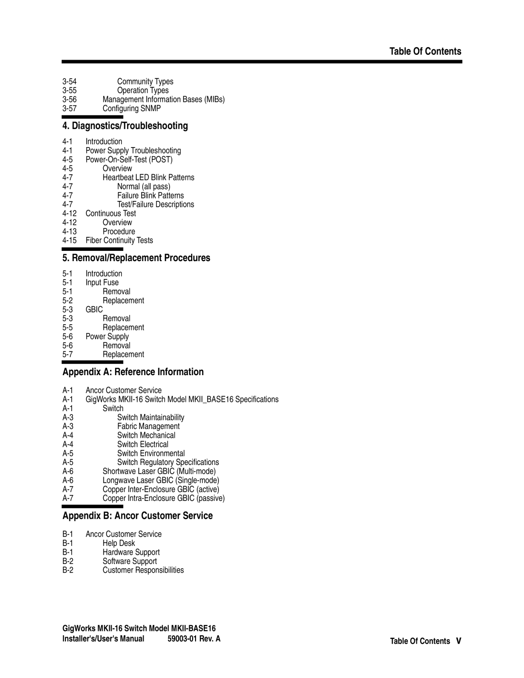 Q-Logic MKII-BASE16 user manual Table Of Contents, Diagnostics/Troubleshooting, Removal/Replacement Procedures 