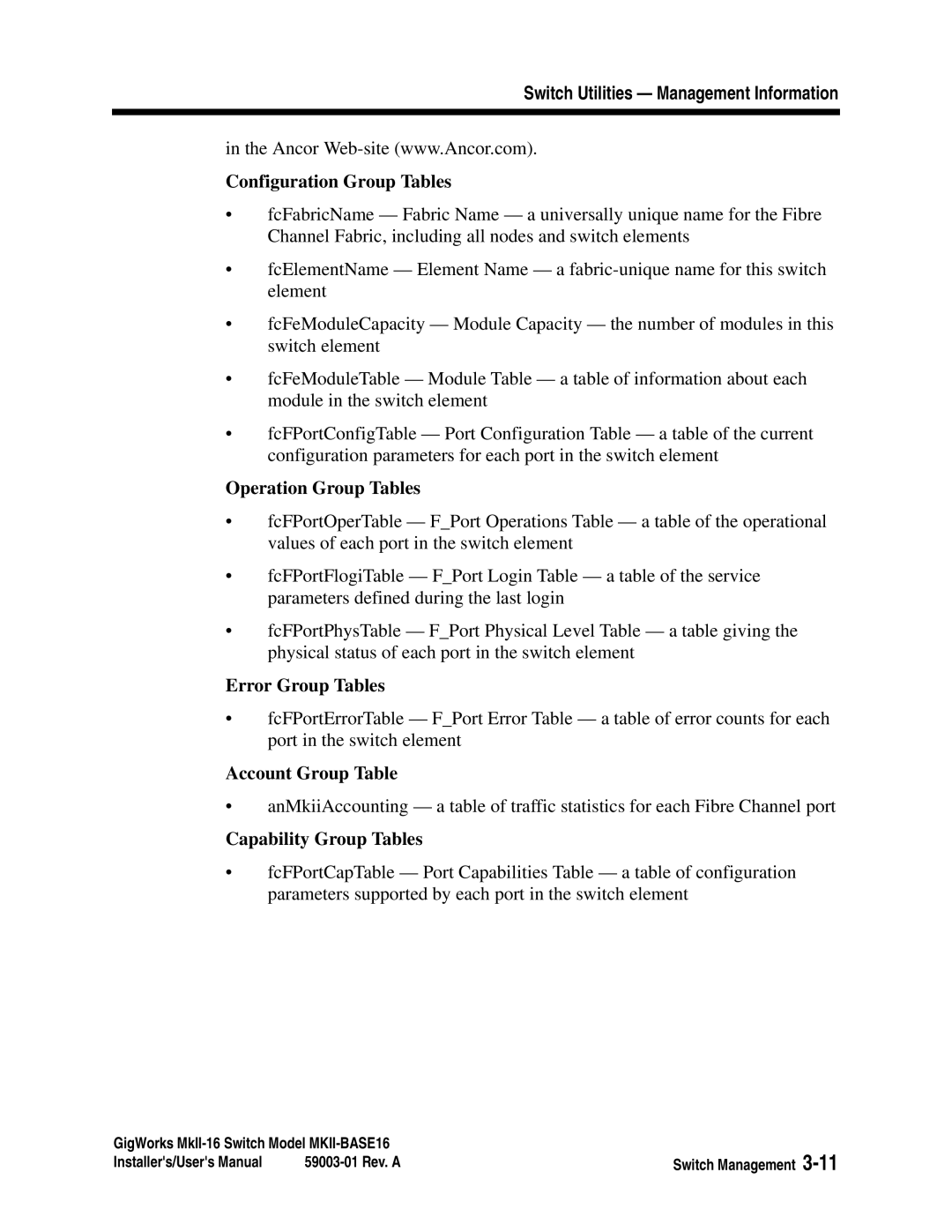 Q-Logic MKII-BASE16 user manual Configuration Group Tables, Operation Group Tables, Error Group Tables, Account Group Table 