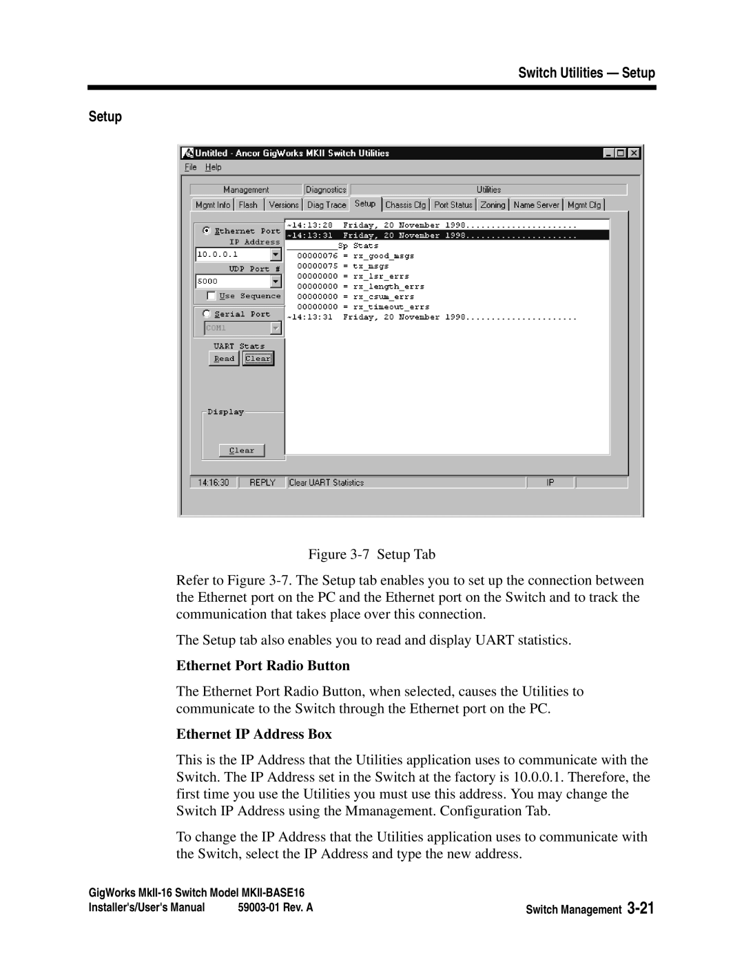 Q-Logic MKII-BASE16 user manual Switch Utilities Setup, Ethernet Port Radio Button, Ethernet IP Address Box 