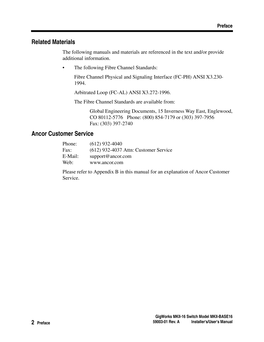 Q-Logic MKII-BASE16 user manual Related Materials, Ancor Customer Service 