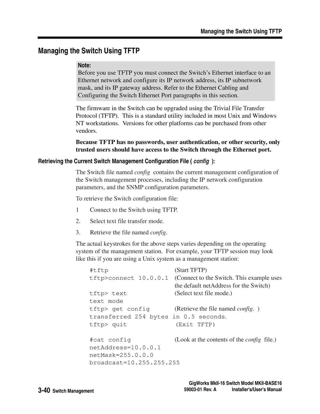 Q-Logic MKII-BASE16 user manual Managing the Switch Using Tftp 