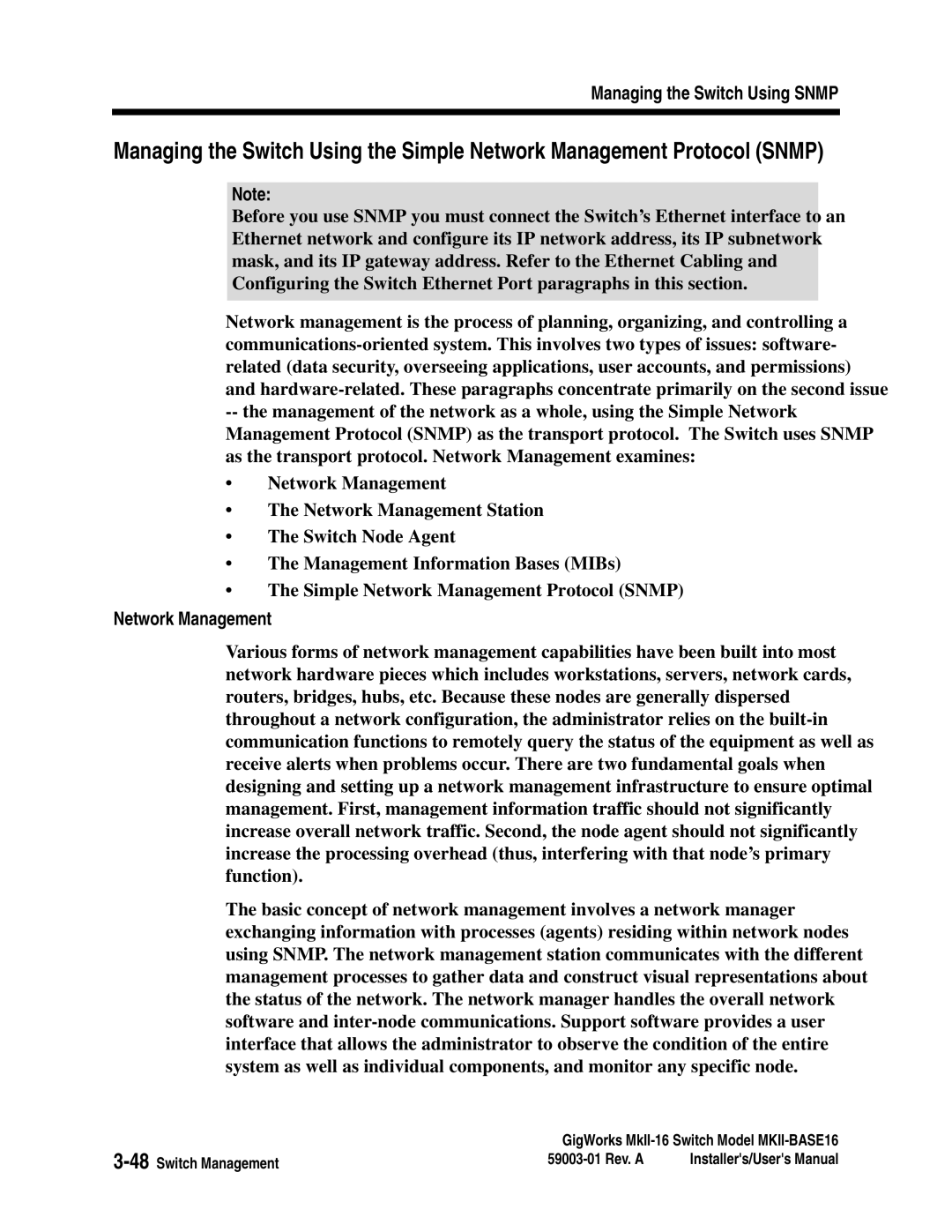 Q-Logic MKII-BASE16 user manual Managing the Switch Using Snmp, Network Management 