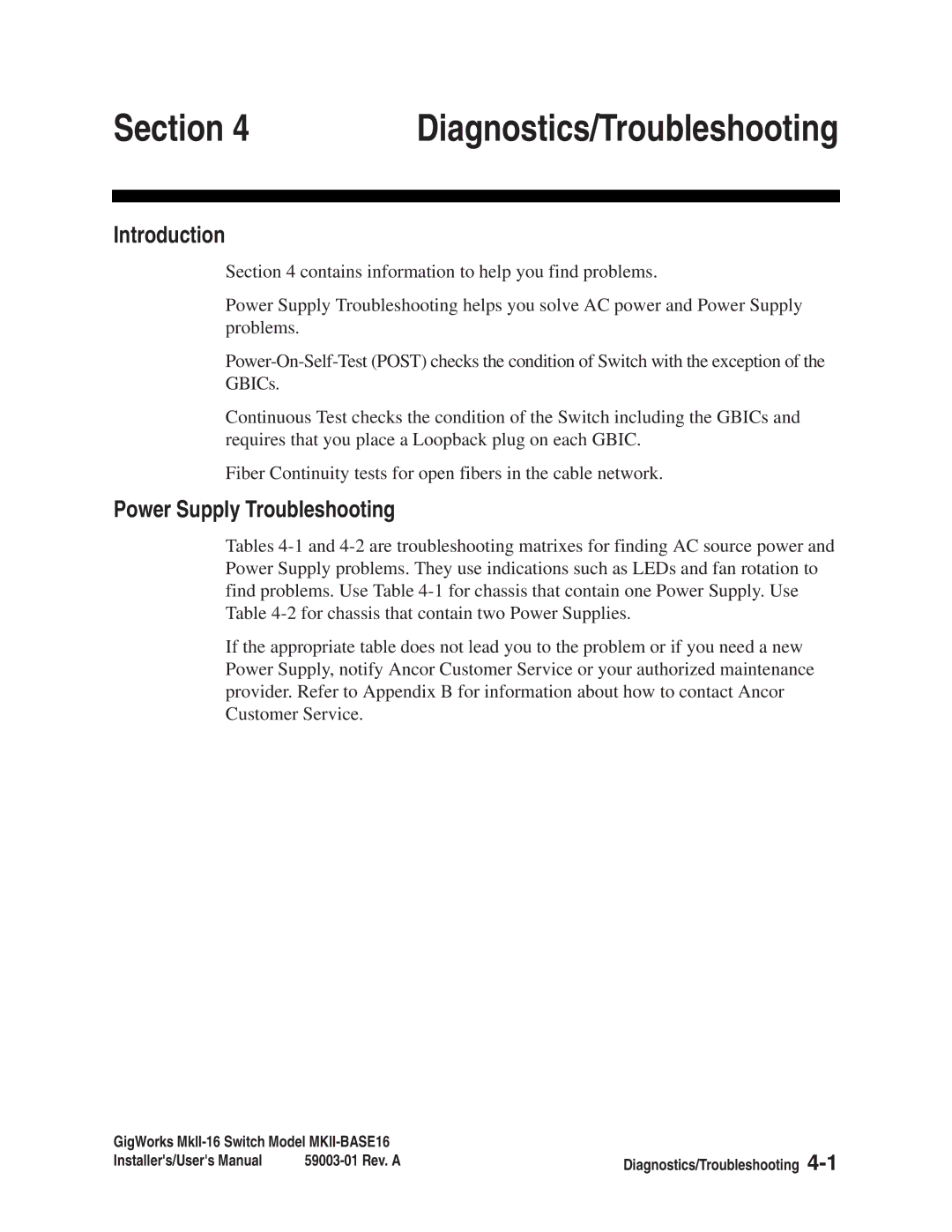 Q-Logic MKII-BASE16 user manual Diagnostics/Troubleshooting, Power Supply Troubleshooting 