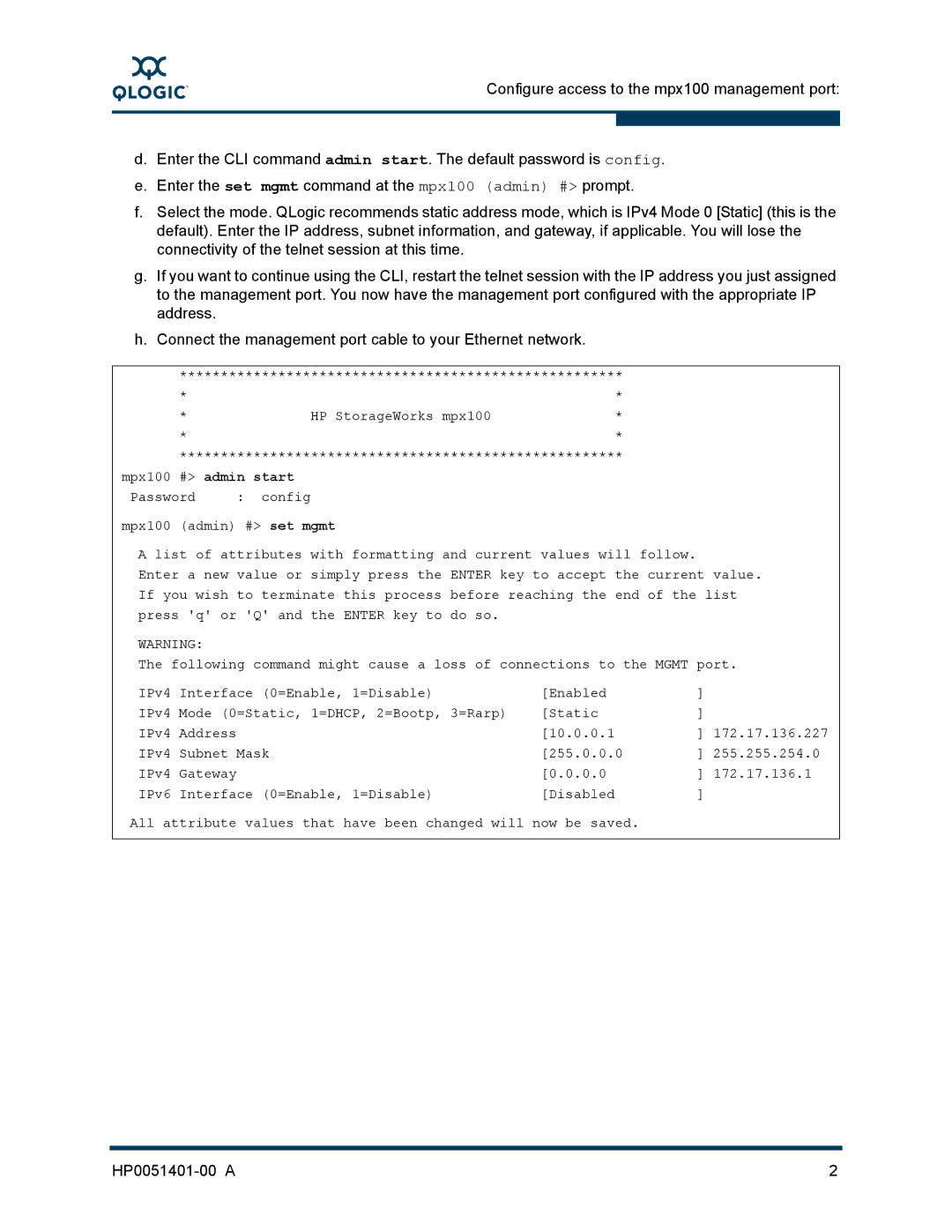 Q-Logic MPX100 manual Mpx100 # admin start 