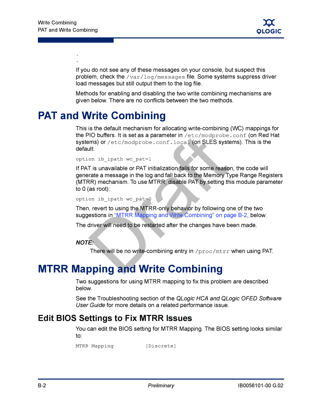 Q-Logic OFED manual PAT and Write Combining, Mtrr Mapping and Write Combining, Edit Bios Settings to Fix Mtrr Issues 