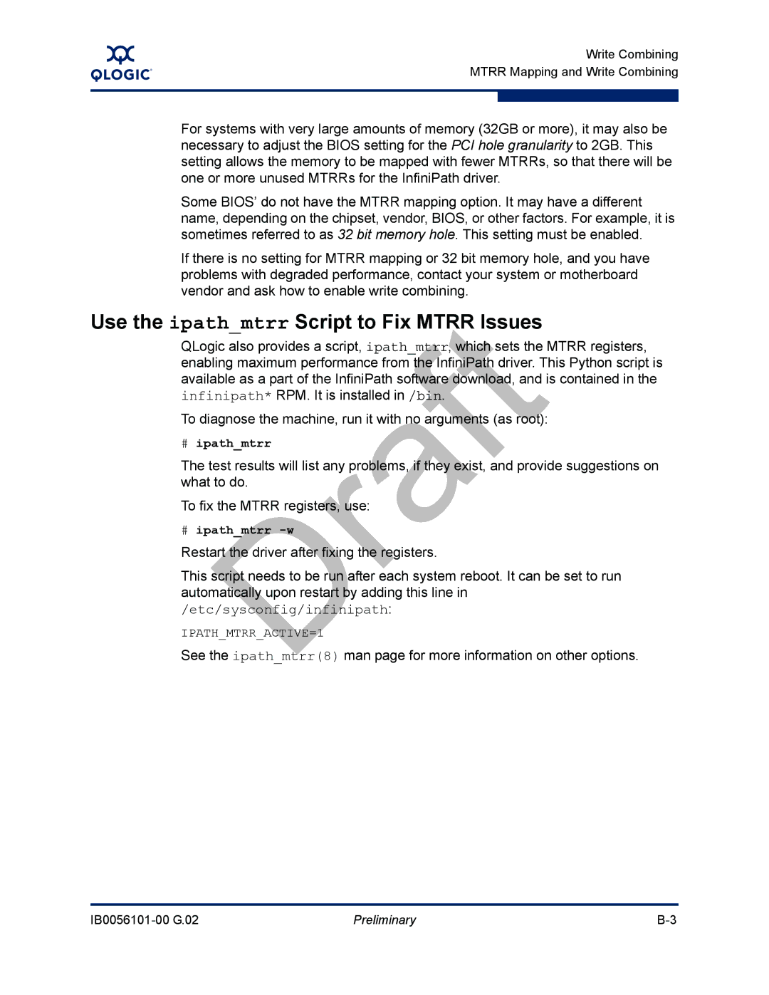 Q-Logic IB0056101-00 G.02, OFED manual Use the ipathmtrr Script to Fix Mtrr Issues 