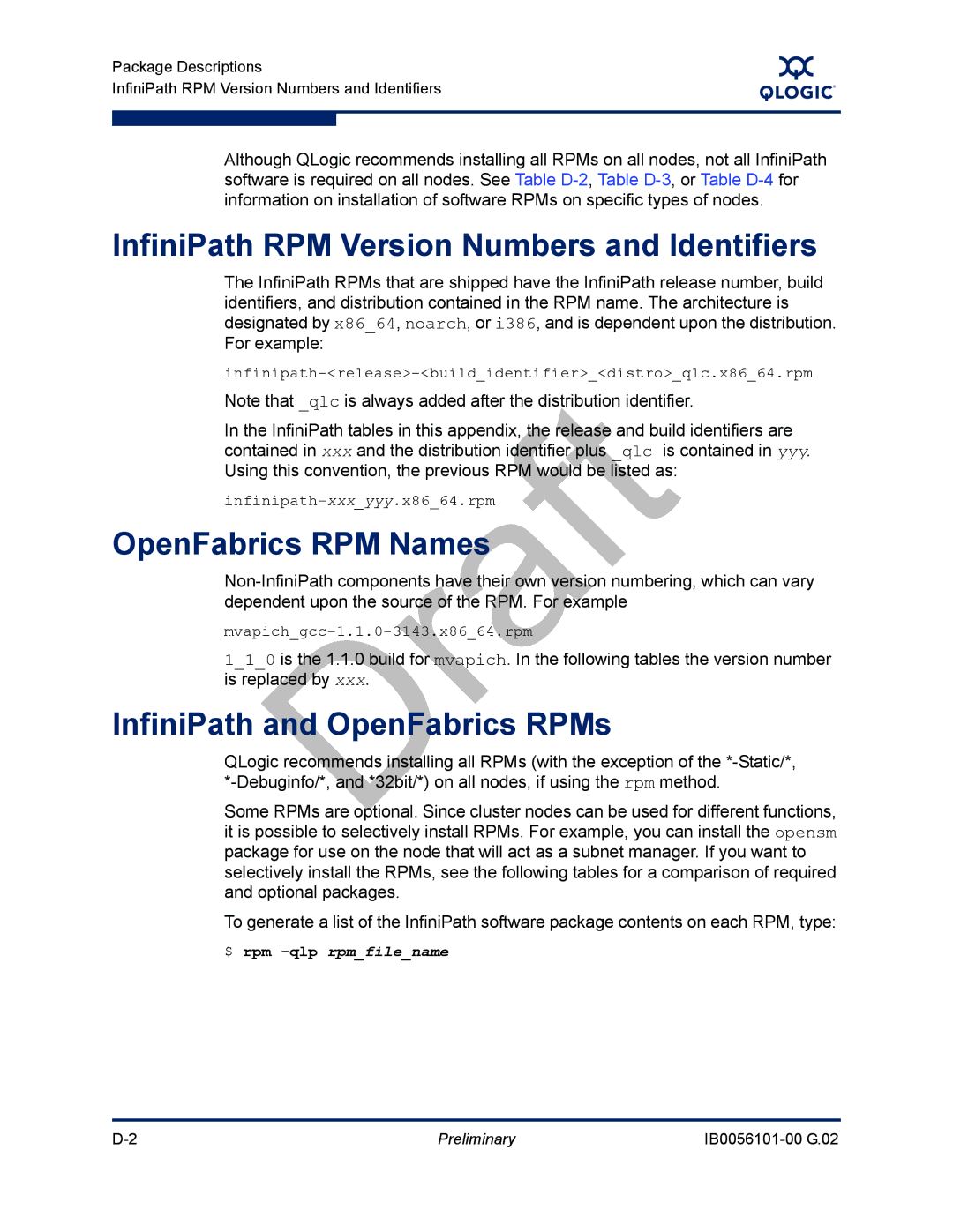 Q-Logic OFED manual InfiniPath RPM Version Numbers and Identifiers, OpenFabrics RPM Names, InfiniPath and OpenFabrics RPMs 