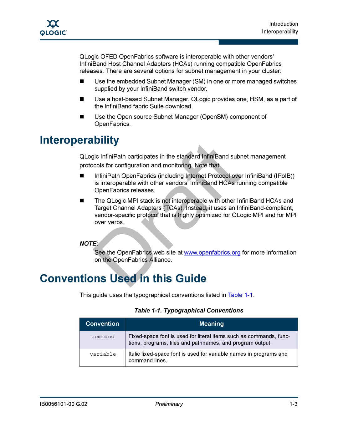 Q-Logic IB0056101-00 G.02, OFED manual Interoperability, Conventions Used in this Guide, Typographical Conventions, Meaning 