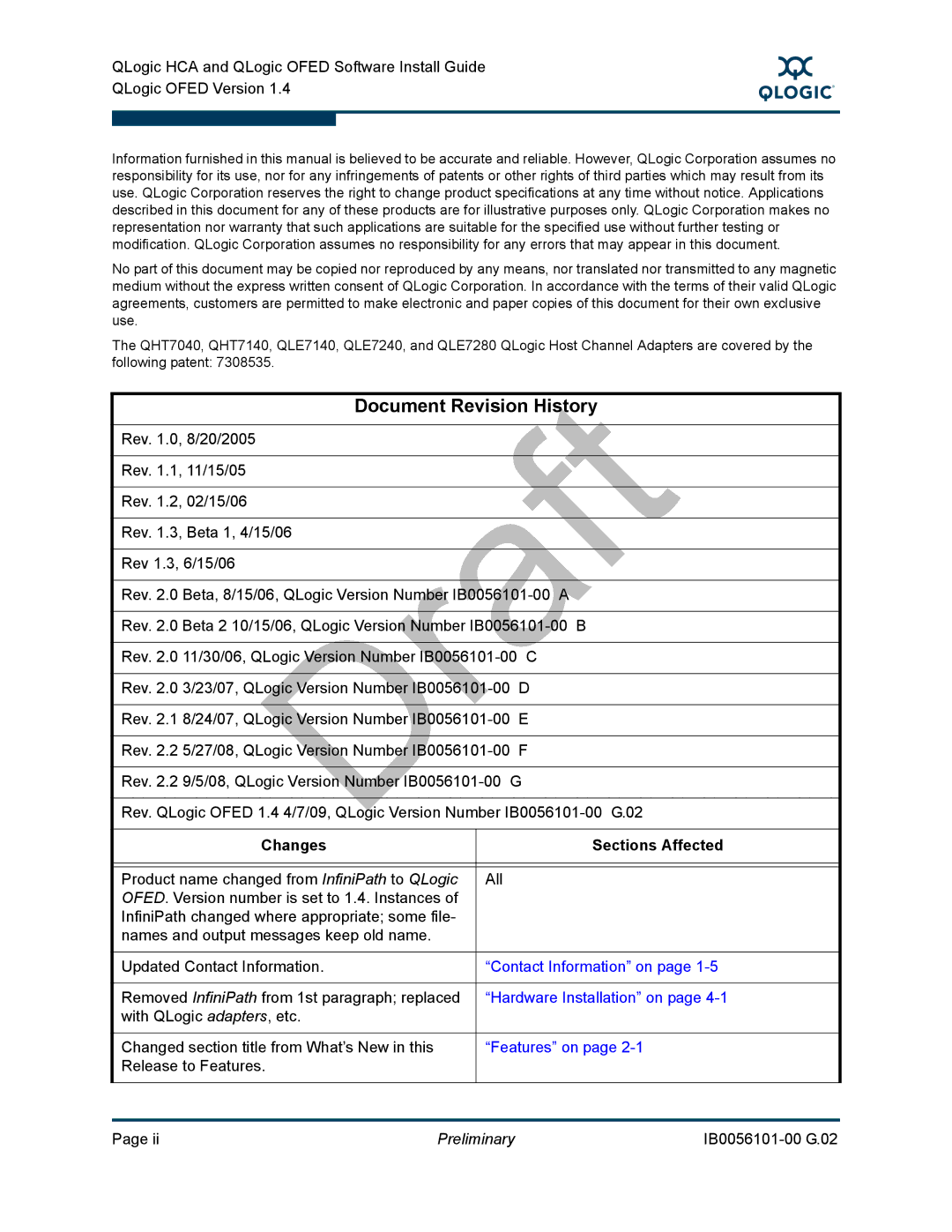 Q-Logic OFED, IB0056101-00 G.02 manual Document Revision History 