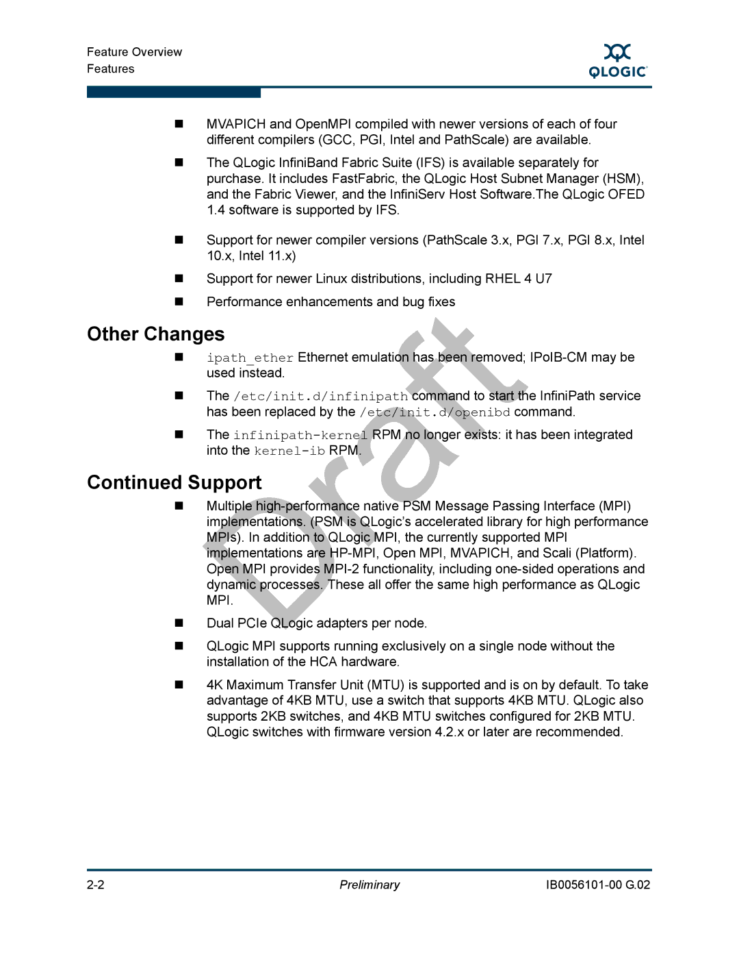 Q-Logic OFED, IB0056101-00 G.02 manual Other Changes, Support 