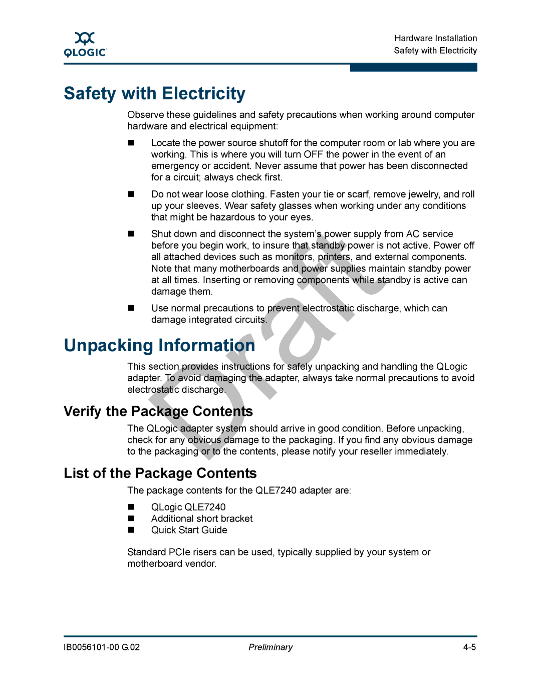 Q-Logic IB0056101-00 G.02, OFED manual Safety with Electricity, Unpacking Information, Verify the Package Contents 