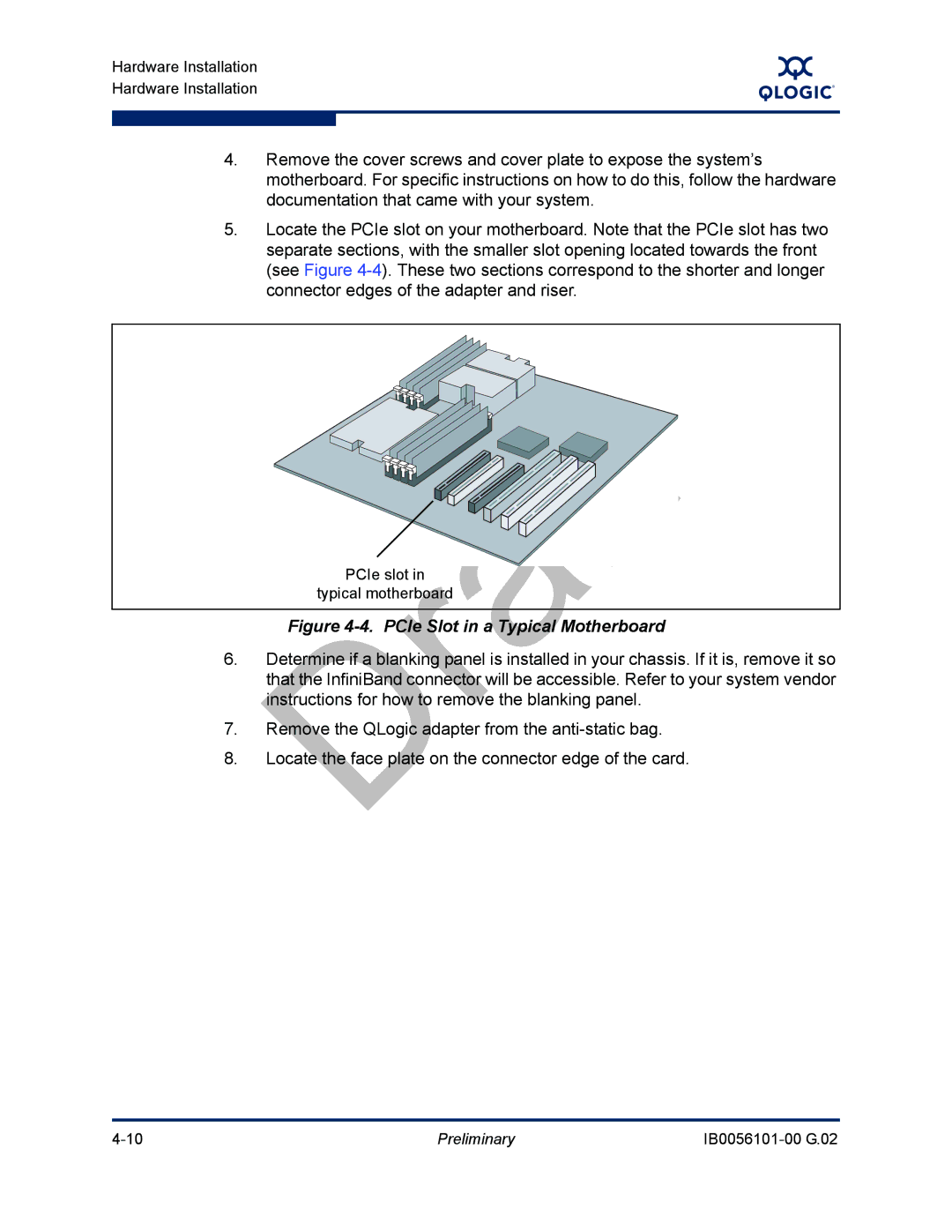 Q-Logic OFED, IB0056101-00 G.02 manual PCIe Slot in a Typical Motherboard 