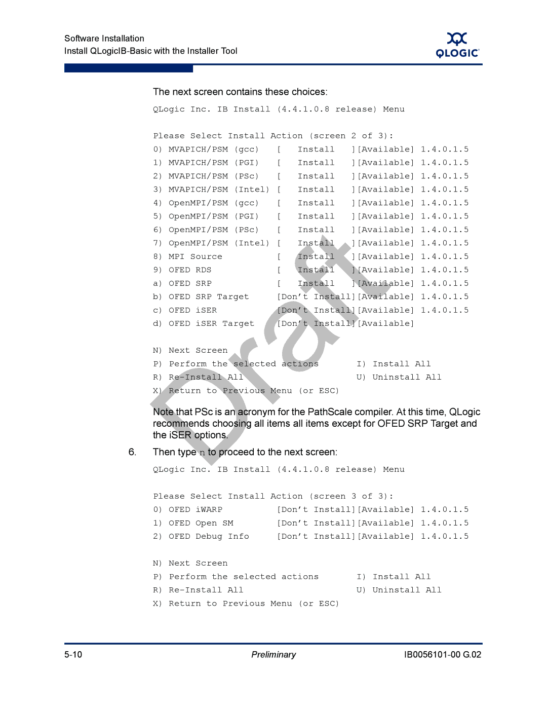 Q-Logic OFED, IB0056101-00 G.02 manual Next screen contains these choices, Then type n to proceed to the next screen 