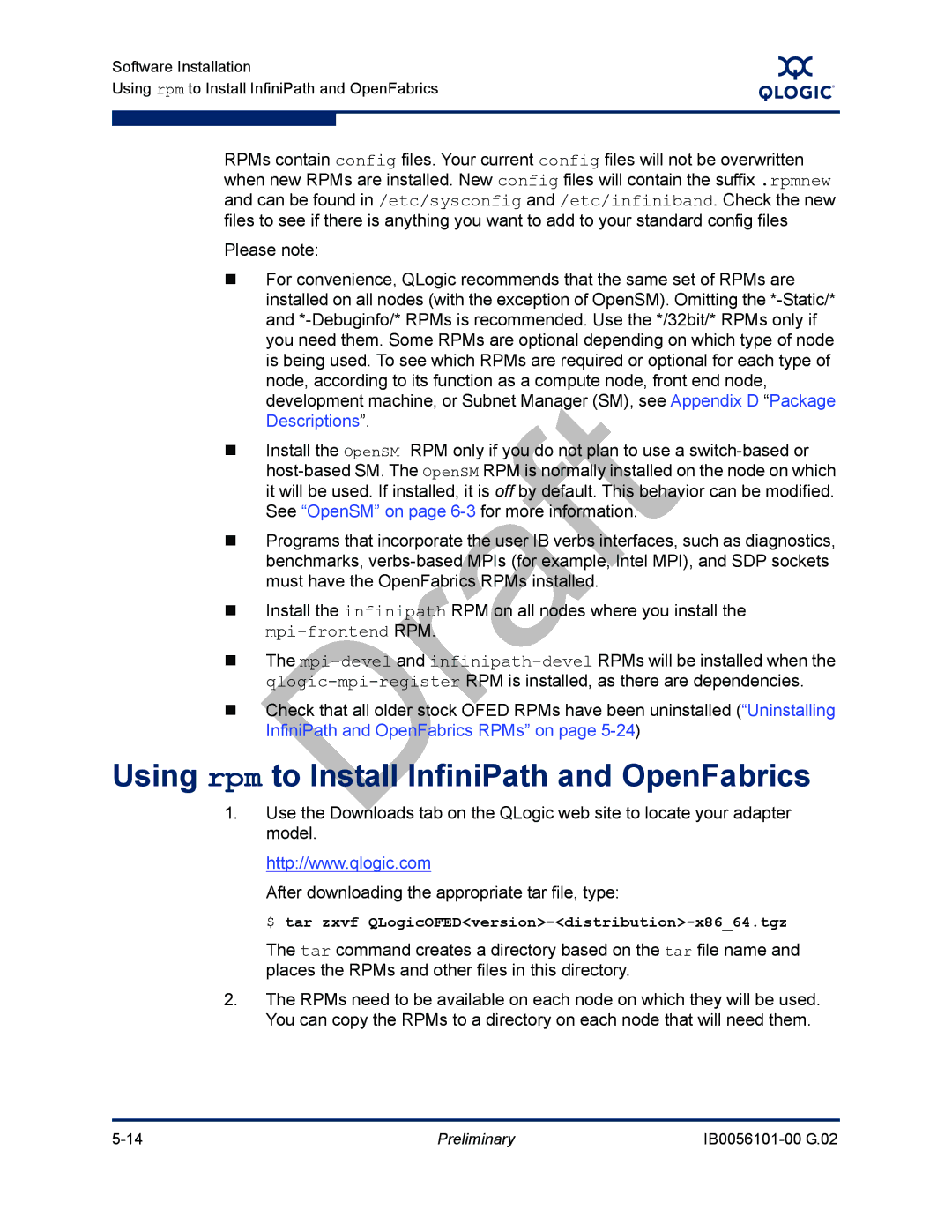 Q-Logic OFED, IB0056101-00 G.02 manual Using rpm to Install InfiniPath and OpenFabrics 