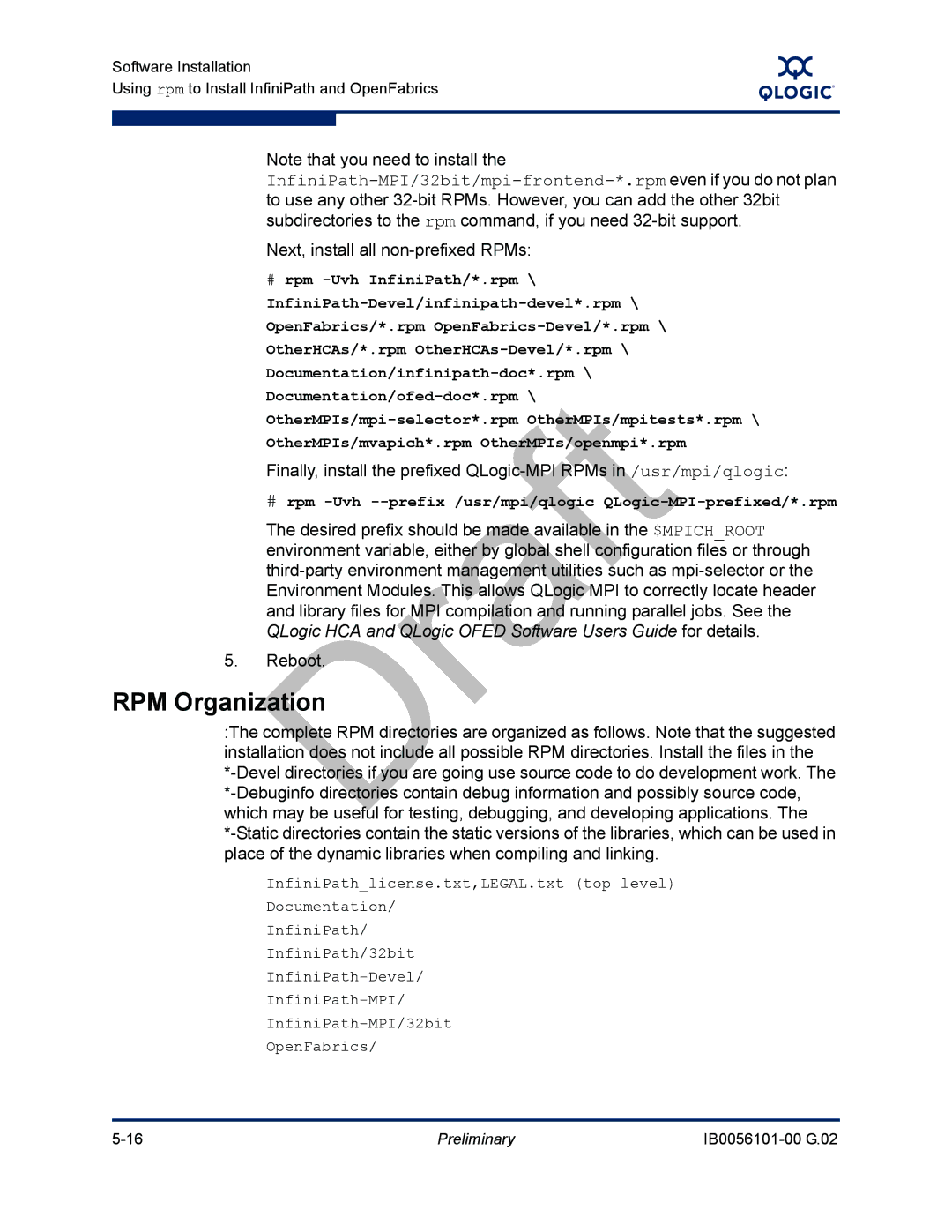 Q-Logic OFED, IB0056101-00 G.02 manual RPM Organization, Next, install all non-prefixed RPMs 