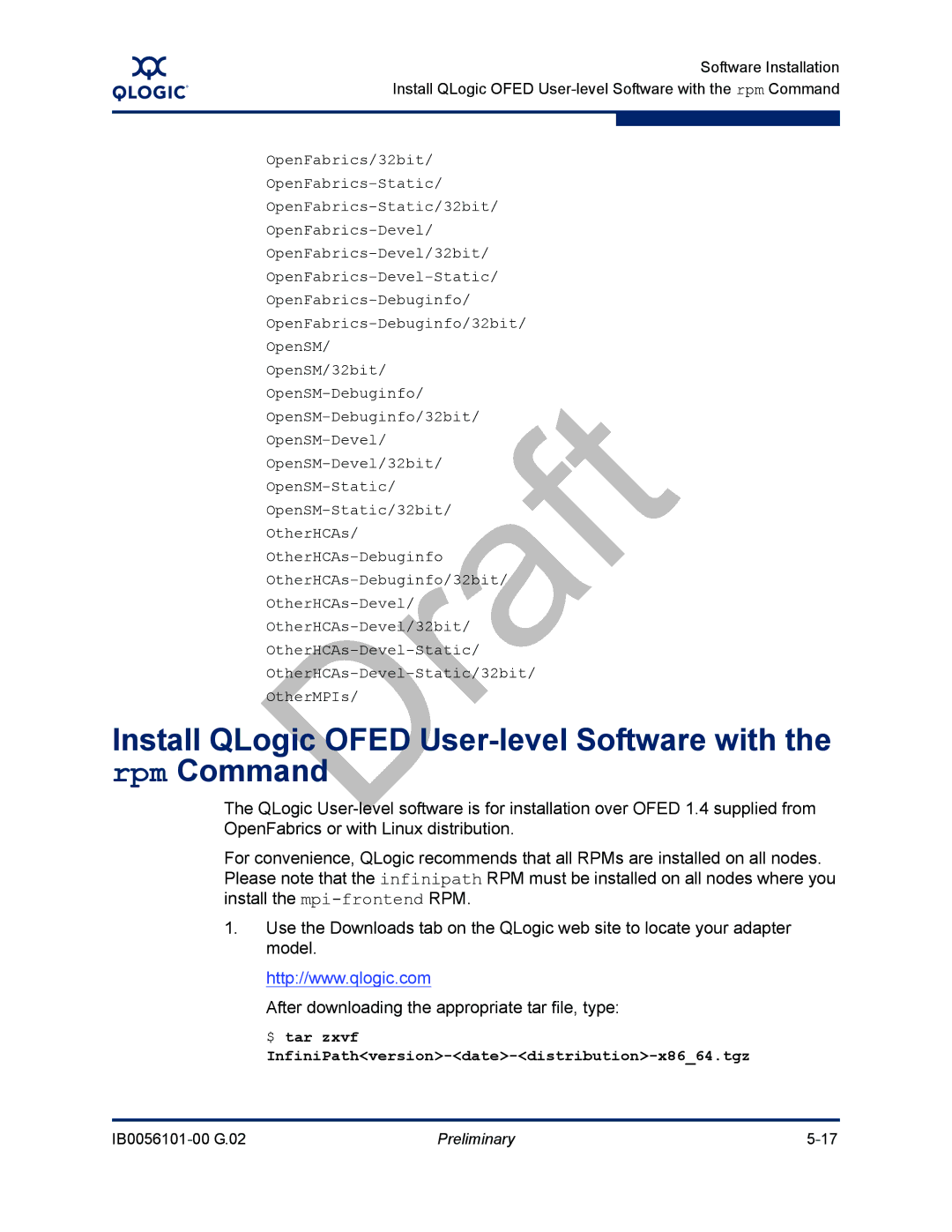 Q-Logic IB0056101-00 G.02, OFED manual Install QLogic Ofed User-level Software with the rpm Command 