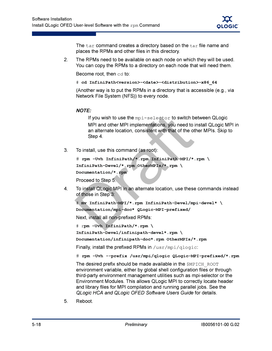 Q-Logic OFED, IB0056101-00 G.02 manual Finally, install the prefixed RPMs in /usr/mpi/qlogic 