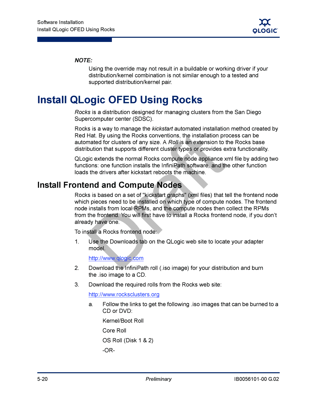 Q-Logic OFED, IB0056101-00 G.02 manual Install QLogic Ofed Using Rocks, Install Frontend and Compute Nodes 