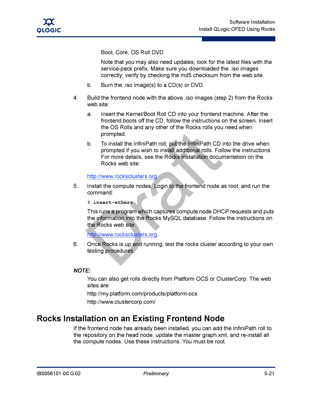 Q-Logic IB0056101-00 G.02, OFED manual Rocks Installation on an Existing Frontend Node 