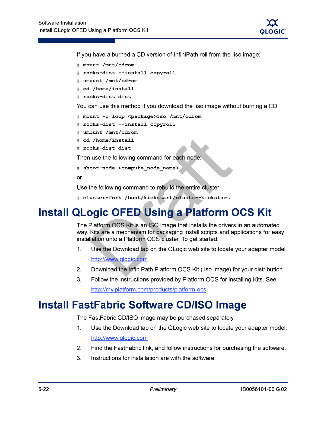 Q-Logic OFED, IB0056101-00 G.02 Install QLogic Ofed Using a Platform OCS Kit, Install FastFabric Software CD/ISO Image 