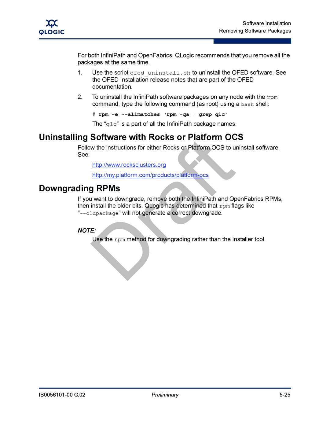 Q-Logic IB0056101-00 G.02, OFED manual Uninstalling Software with Rocks or Platform OCS, Downgrading RPMs 