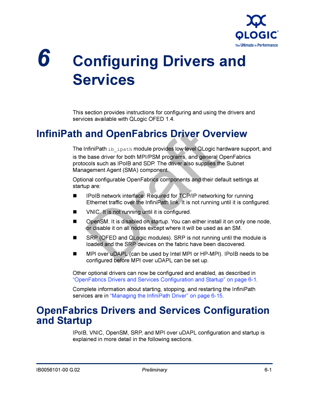 Q-Logic IB0056101-00 G.02, OFED manual Configuring Drivers and Services, InfiniPath and OpenFabrics Driver Overview 