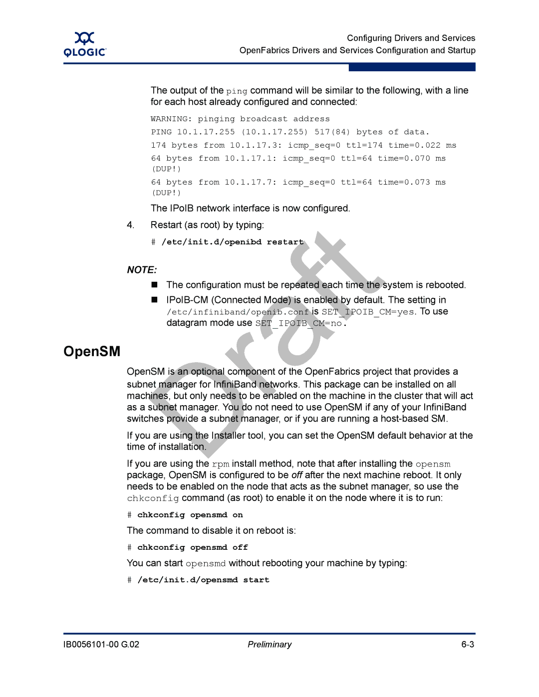 Q-Logic IB0056101-00 G.02, OFED manual OpenSM, Command to disable it on reboot is 