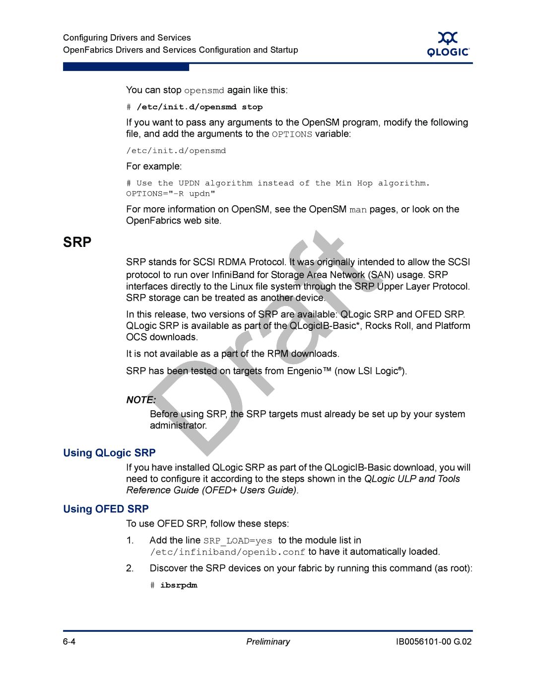 Q-Logic OFED manual You can stop opensmd again like this, To use Ofed SRP, follow these steps, Etc/init.d/opensmd 