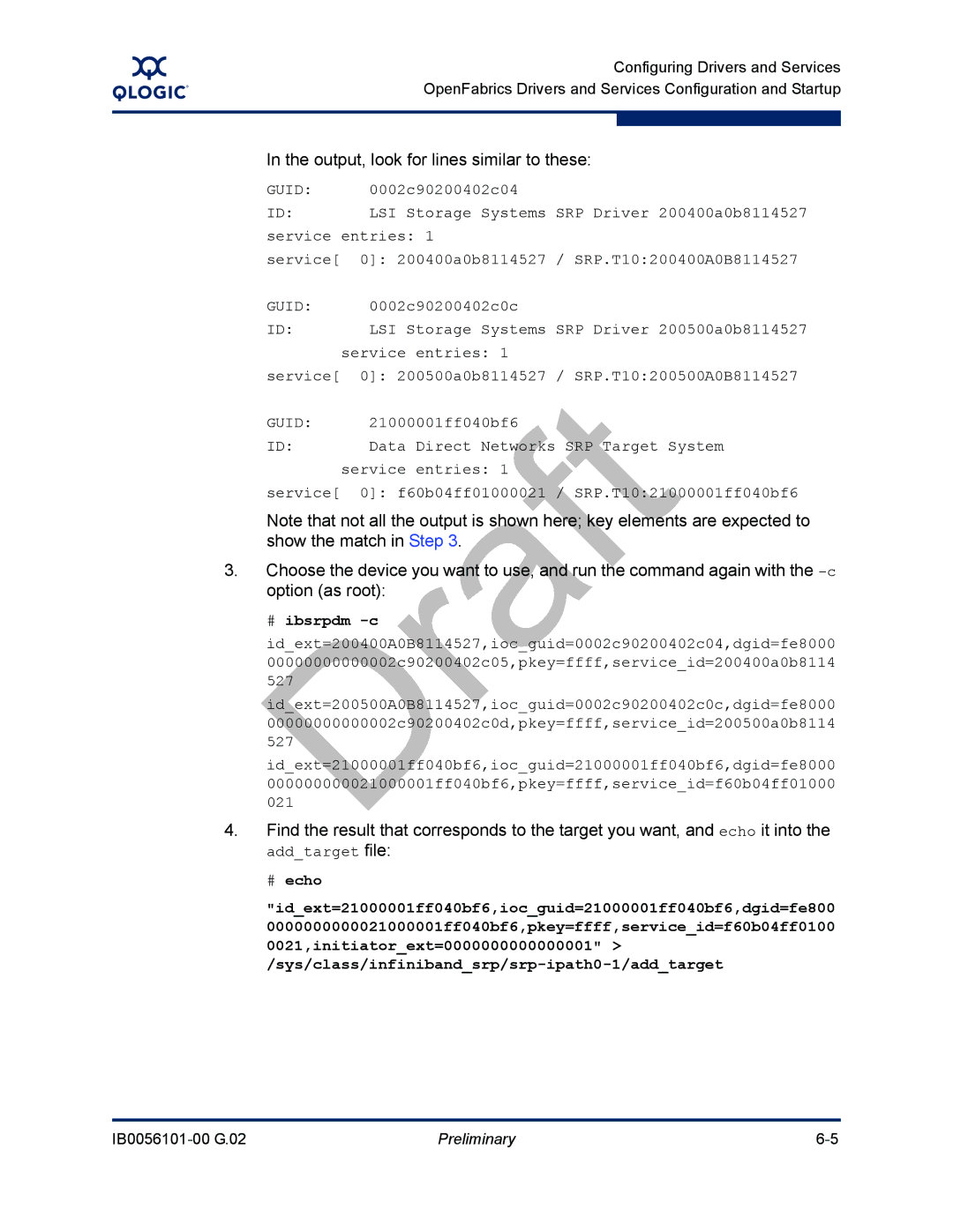 Q-Logic IB0056101-00 G.02, OFED manual Output, look for lines similar to these, Guid 