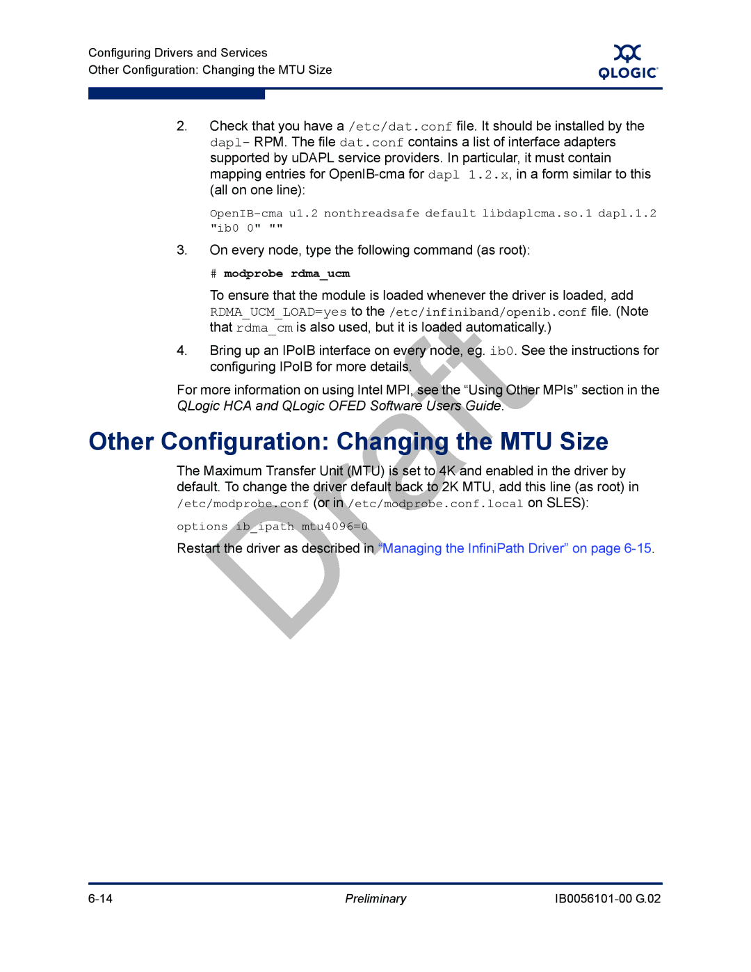 Q-Logic OFED manual Other Configuration Changing the MTU Size, On every node, type the following command as root 