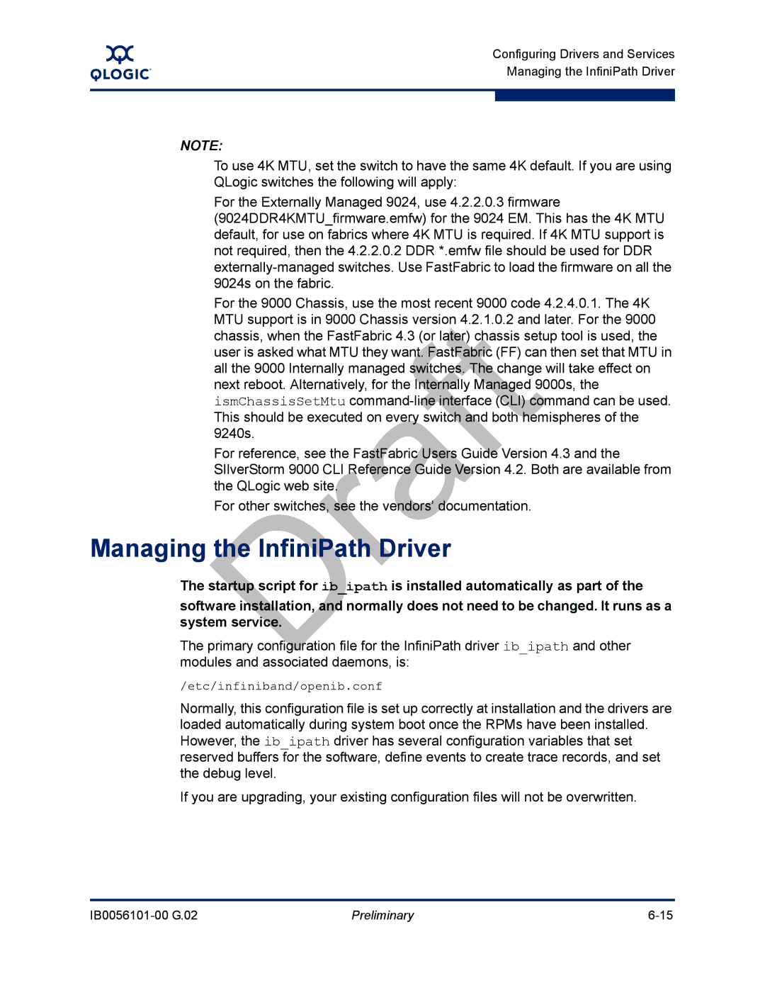 Q-Logic IB0056101-00 G.02, OFED manual Managing the InfiniPath Driver, Etc/infiniband/openib.conf 