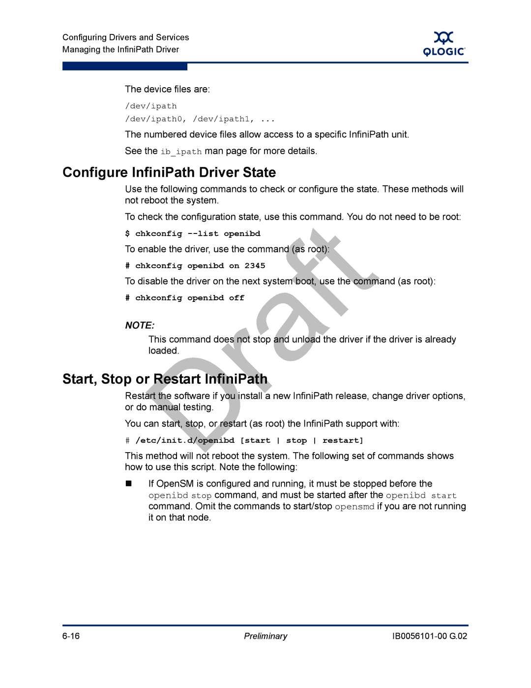 Q-Logic OFED, IB0056101-00 G.02 Configure InfiniPath Driver State, Start, Stop or Restart InfiniPath, Device files are 