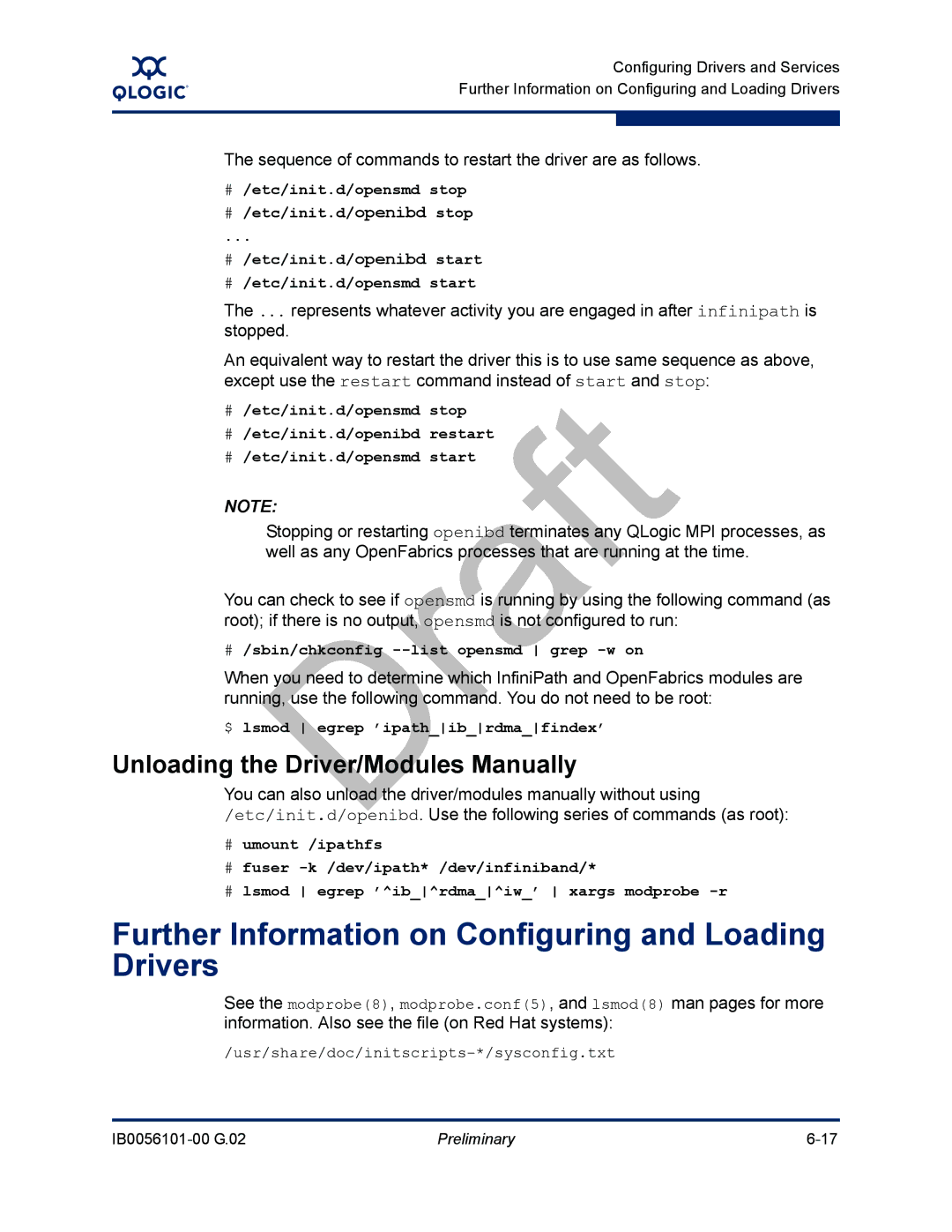 Q-Logic IB0056101-00 G.02 Further Information on Configuring and Loading Drivers, Unloading the Driver/Modules Manually 