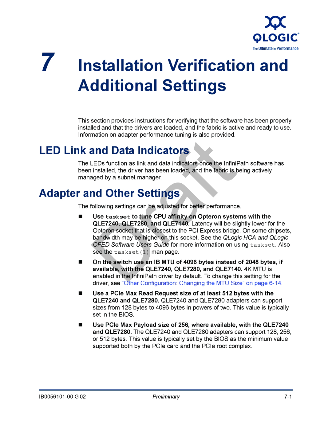 Q-Logic IB0056101-00 G.02, OFED manual Installation Verification and Additional Settings, LED Link and Data Indicators 