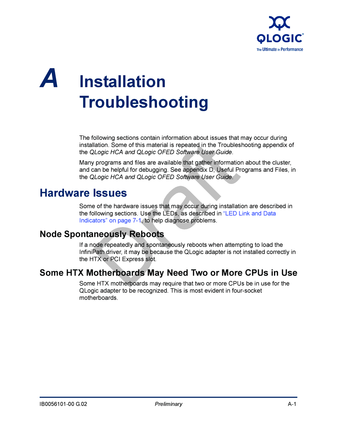 Q-Logic IB0056101-00 G.02, OFED manual Installation Troubleshooting, Hardware Issues, Node Spontaneously Reboots 