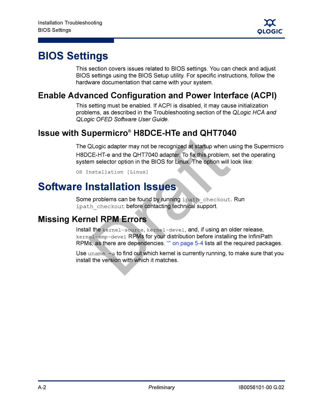 Q-Logic OFED manual Bios Settings, Software Installation Issues, Enable Advanced Configuration and Power Interface Acpi 