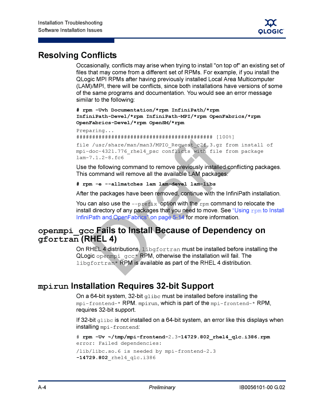 Q-Logic OFED, IB0056101-00 G.02 manual Resolving Conflicts, Mpirun Installation Requires 32-bit Support 