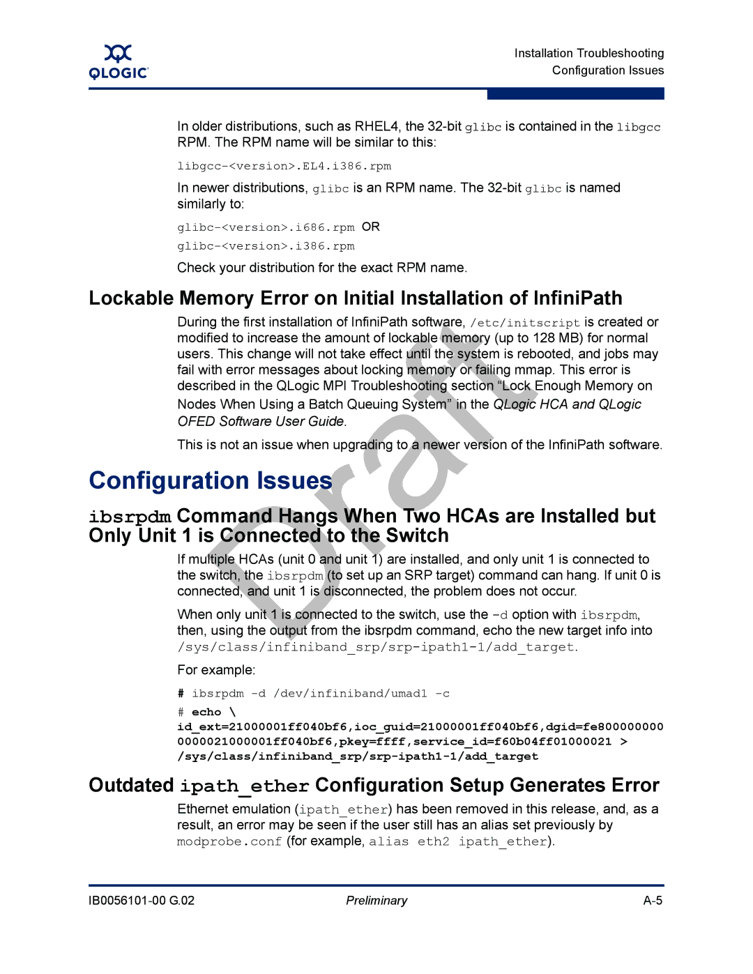 Q-Logic IB0056101-00 G.02, OFED manual Configuration Issues, Lockable Memory Error on Initial Installation of InfiniPath 