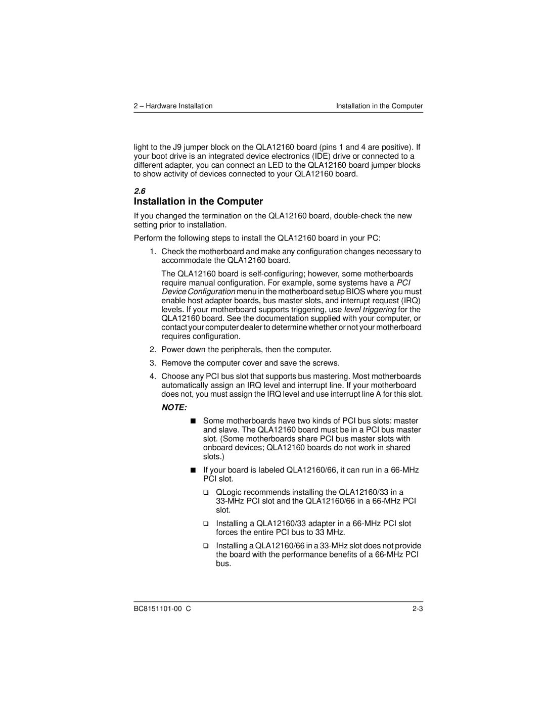 Q-Logic QLA12160 manual Installation in the Computer 