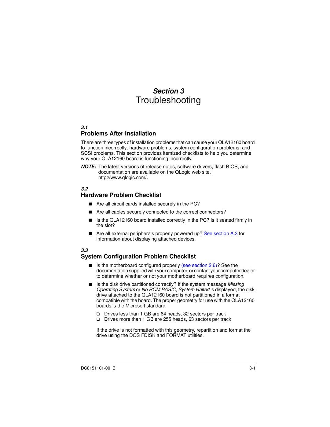 Q-Logic QLA12160 manual Troubleshooting, Problems After Installation, Hardware Problem Checklist 