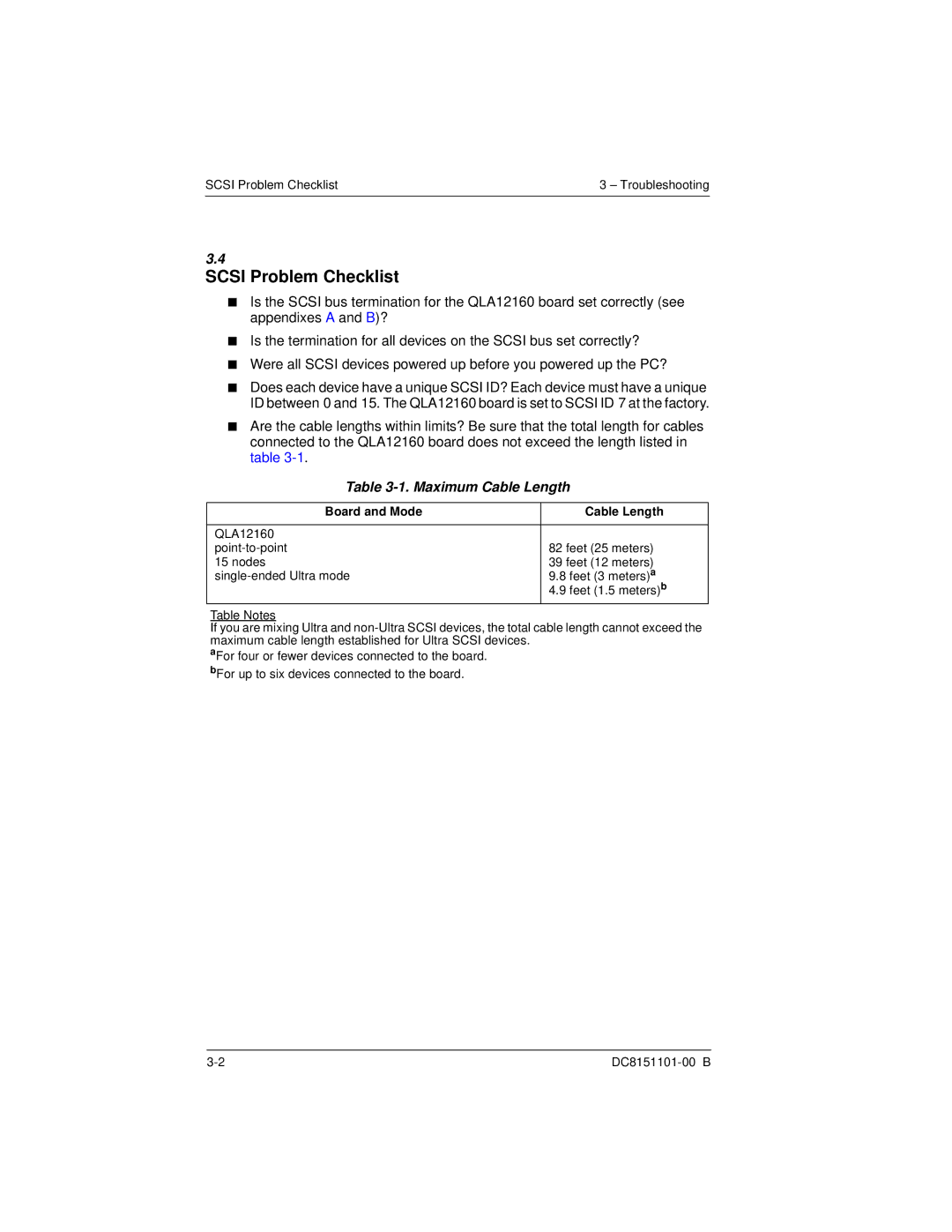 Q-Logic QLA12160 manual Scsi Problem Checklist, Maximum Cable Length 